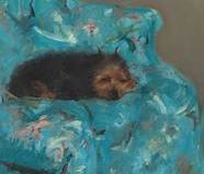Close-up of dog in Cassatt's "Little Girl in a Blue Armchair"