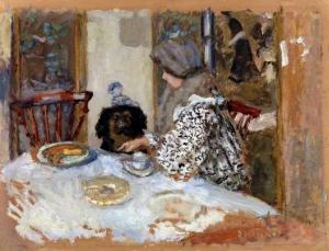 Pierre Bonnard, "Woman and Dog at Table", oil on cardboard, 1908